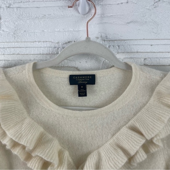 Charter Club Luxury 100% Cashmere Sweater Cream Ruffle Quiet Luxury Soft Girl M - Picture 3 of 13